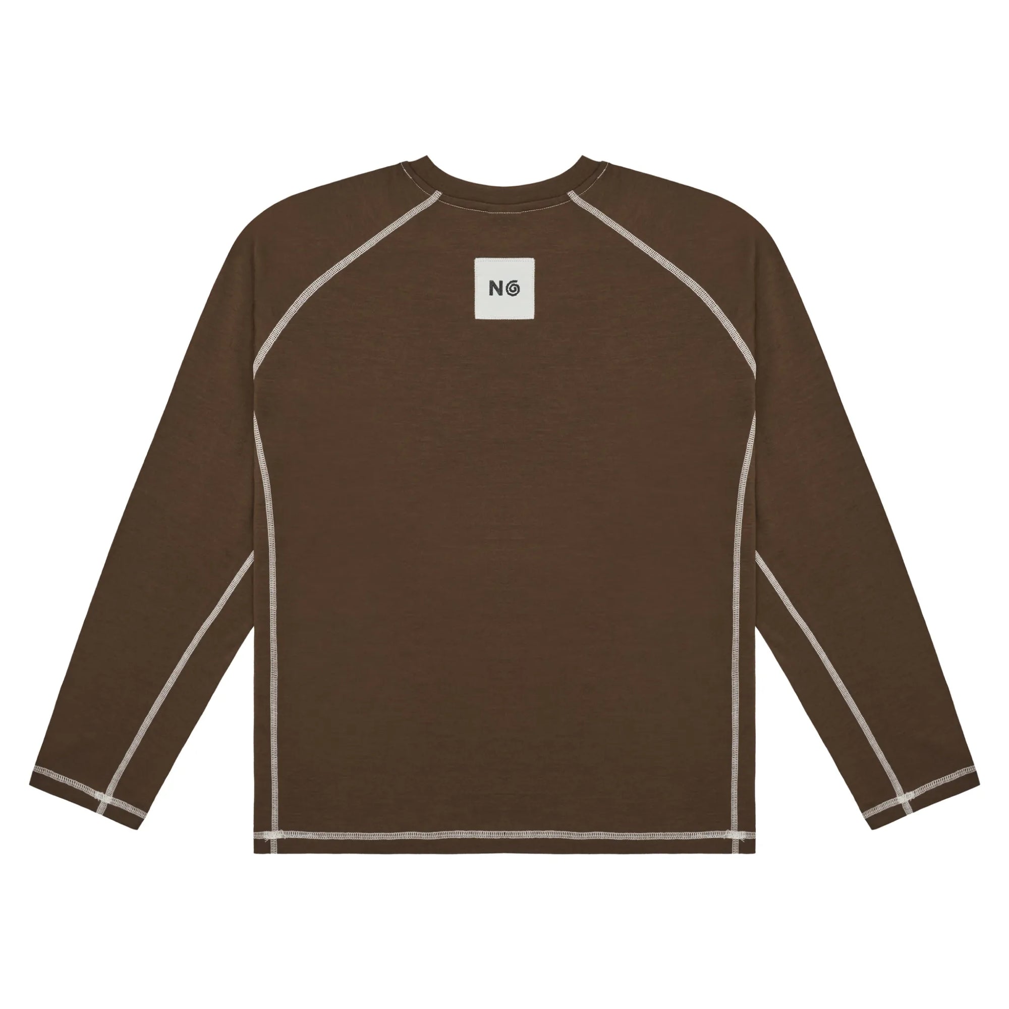 Brown long-sleeve shirt with white accents on a white background