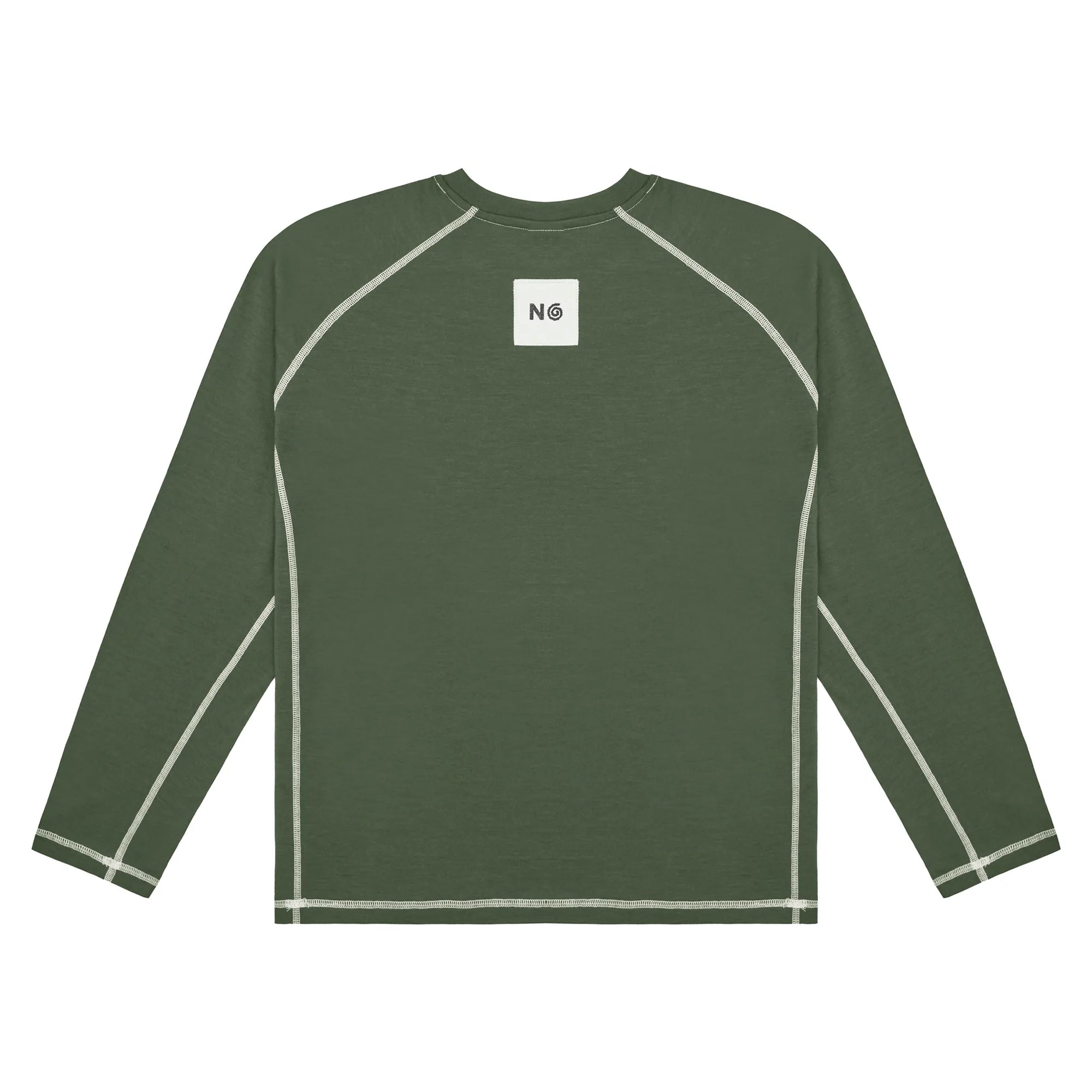 Green long-sleeve shirt with white accents on a white background