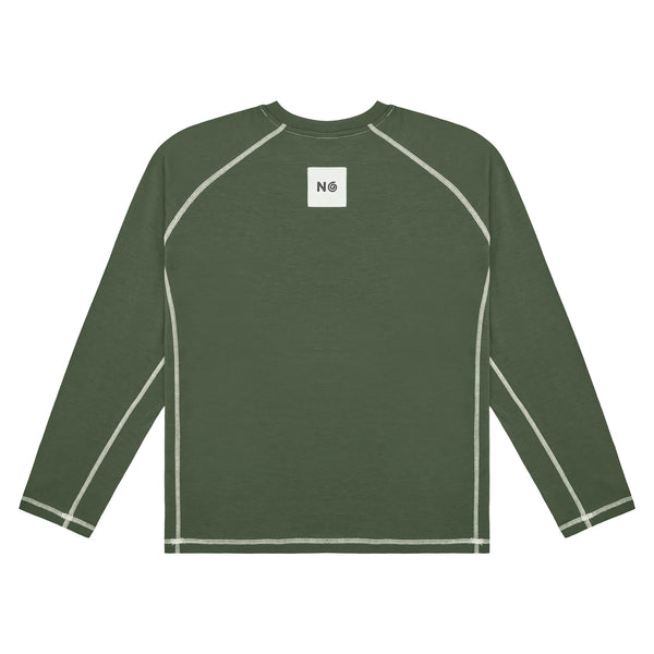 Green long-sleeve shirt with white accents on a white background