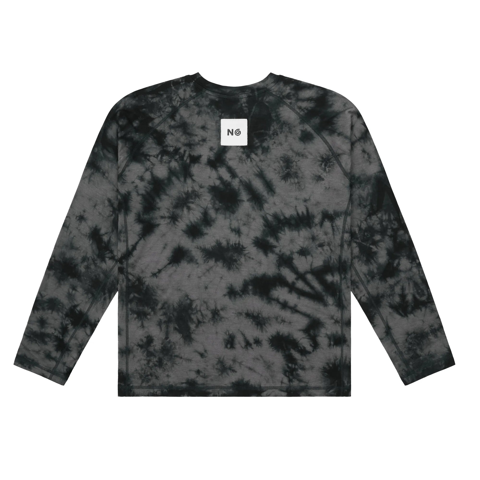 Black tie-dye long-sleeve shirt with a brand label on a white background
