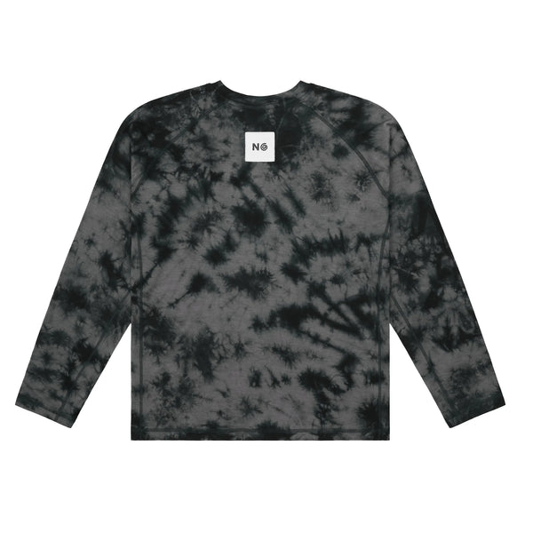 Black tie-dye long-sleeve shirt with a brand label on a white background