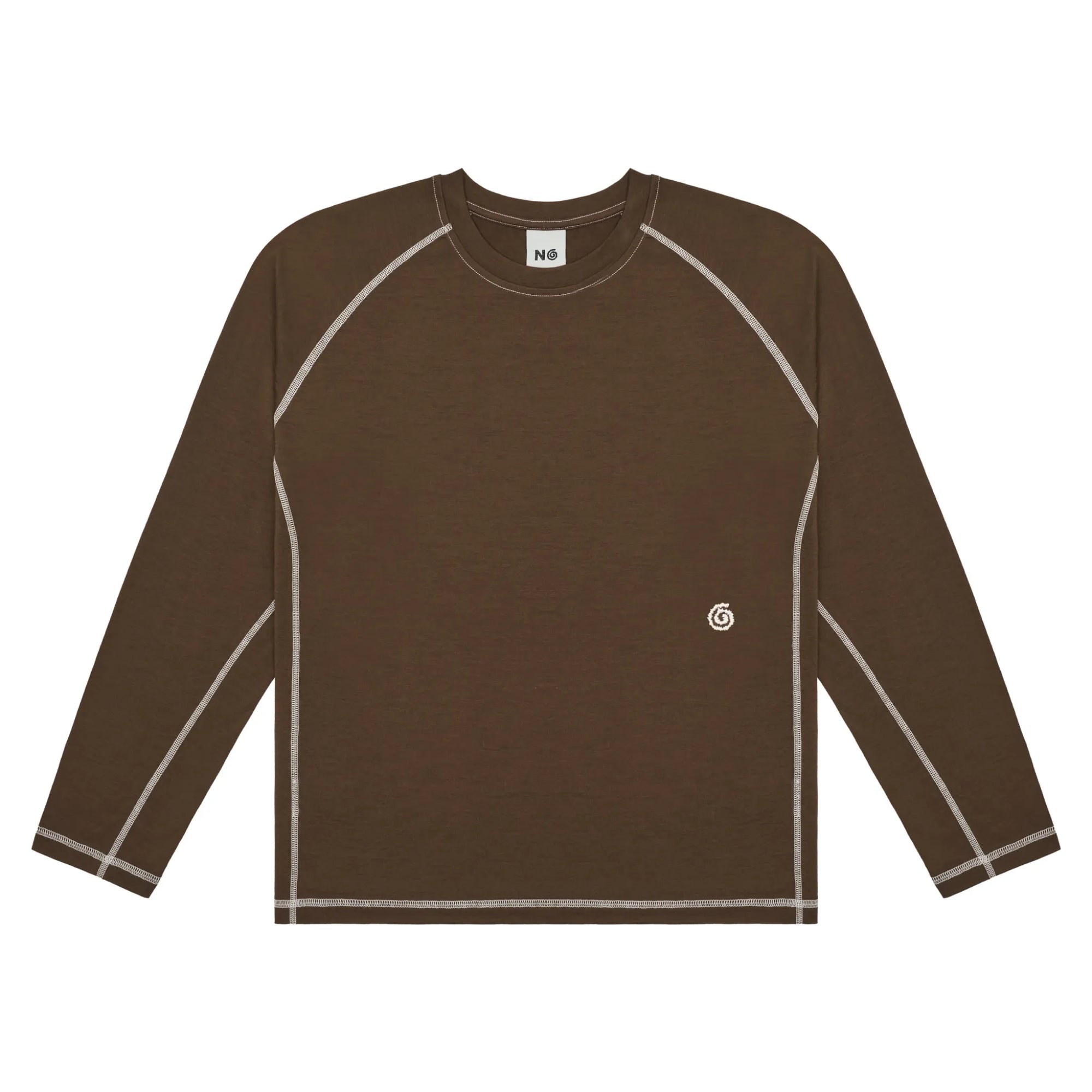 Brown long-sleeve shirt with white accents on a white background