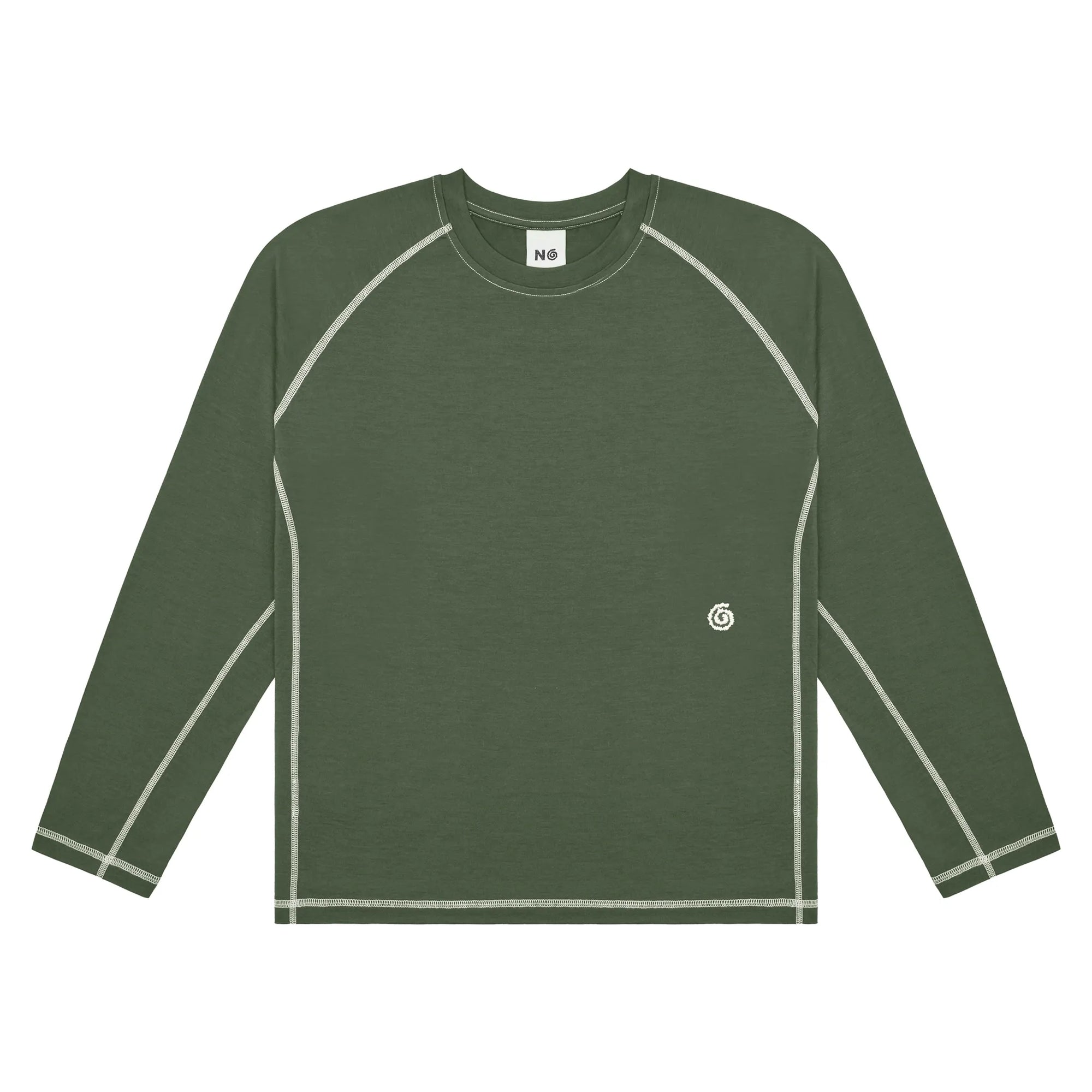 Green long-sleeve shirt with white accents on a white background