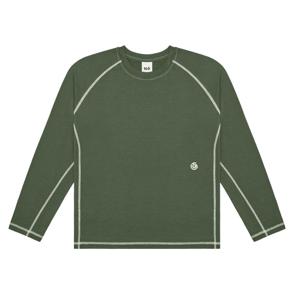 Green long-sleeve shirt with white accents on a white background