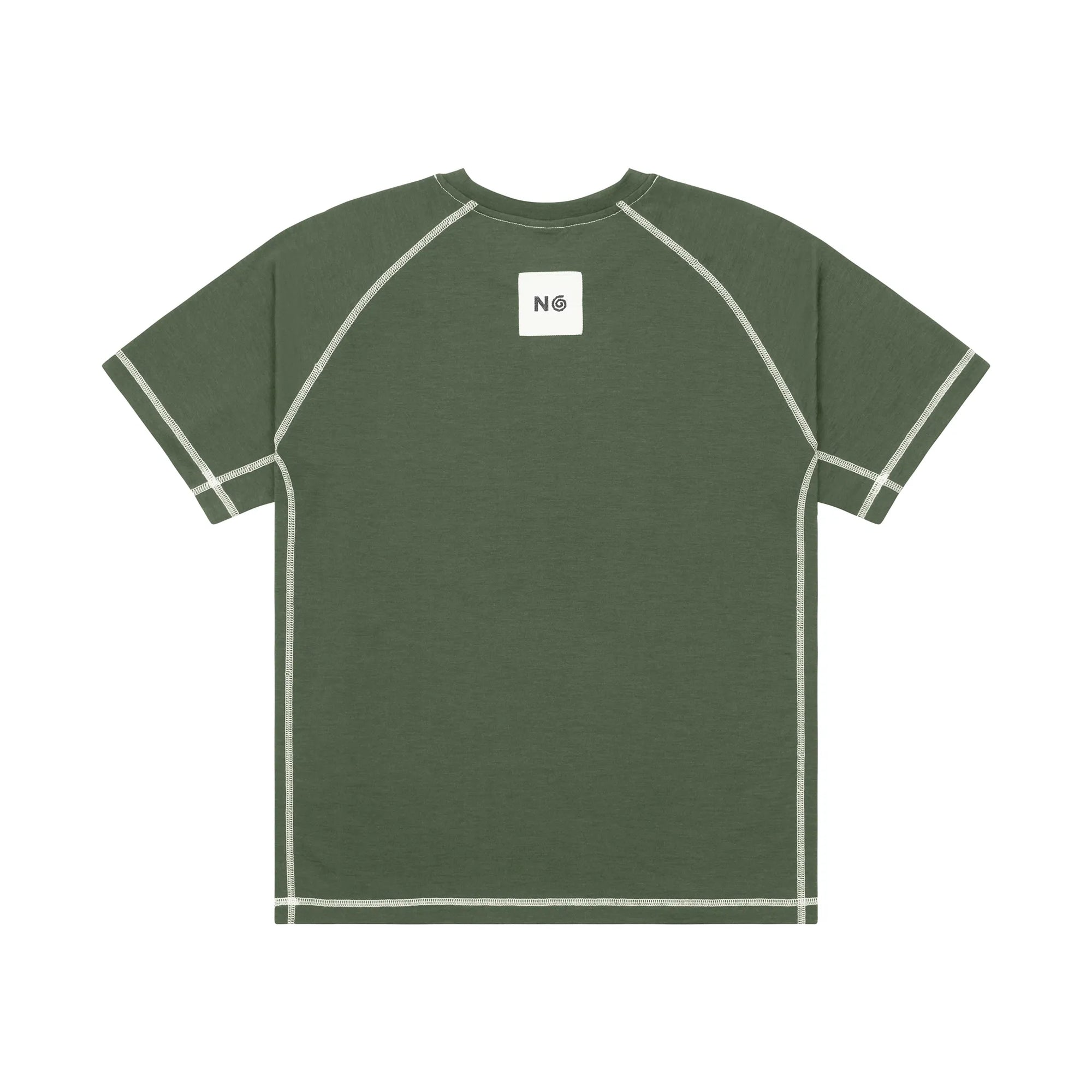 Back of green t-shirt with white accents on a white background