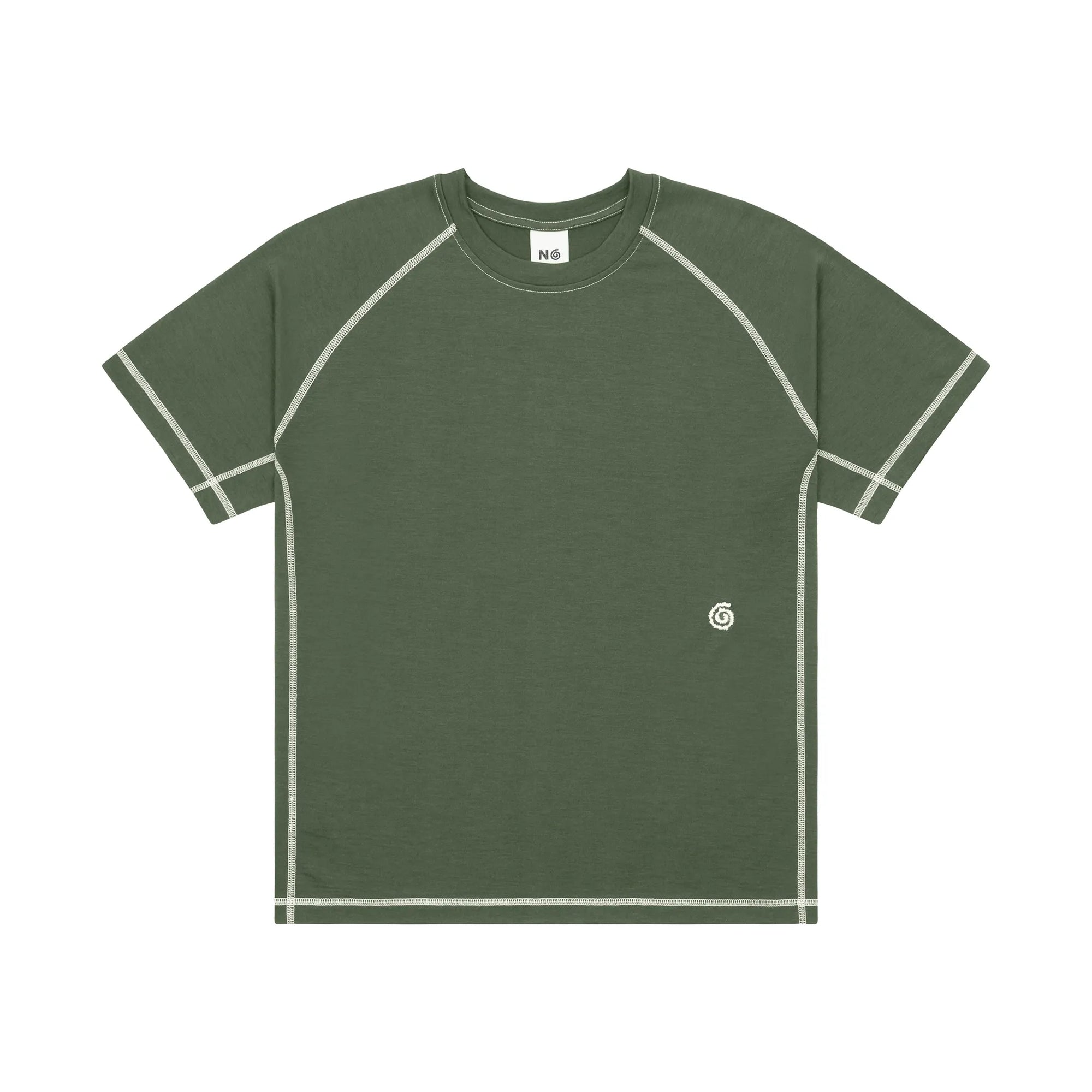 Green t-shirt with white accents on a white background