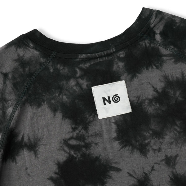 Black and gray tie-dye shirt with a logo tag on a white background