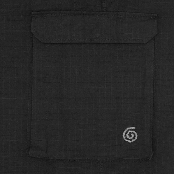Black pant cargo pocket with a logo on a black background