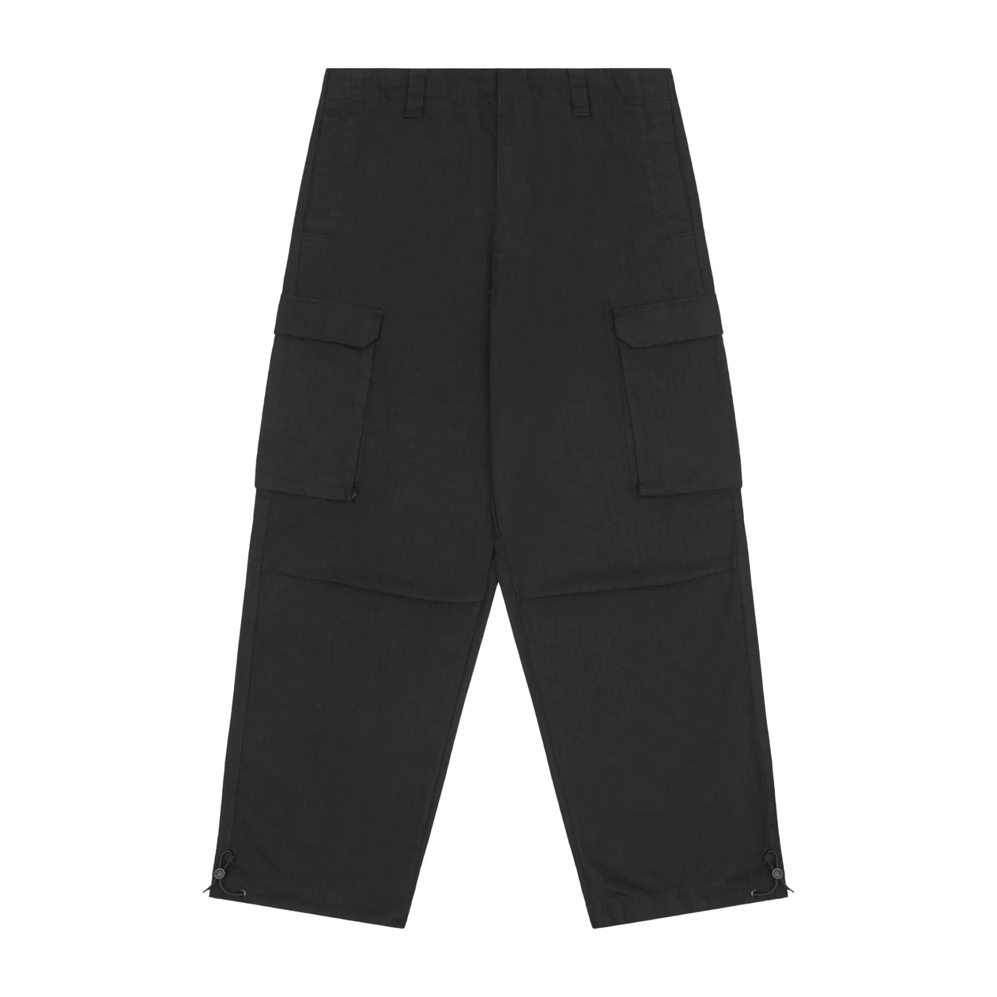 Black cargo pants on a white background