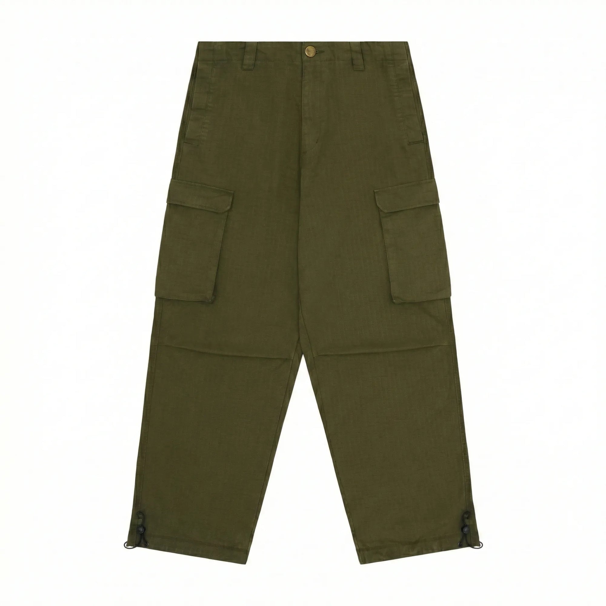 Olive green cargo pants on a white background