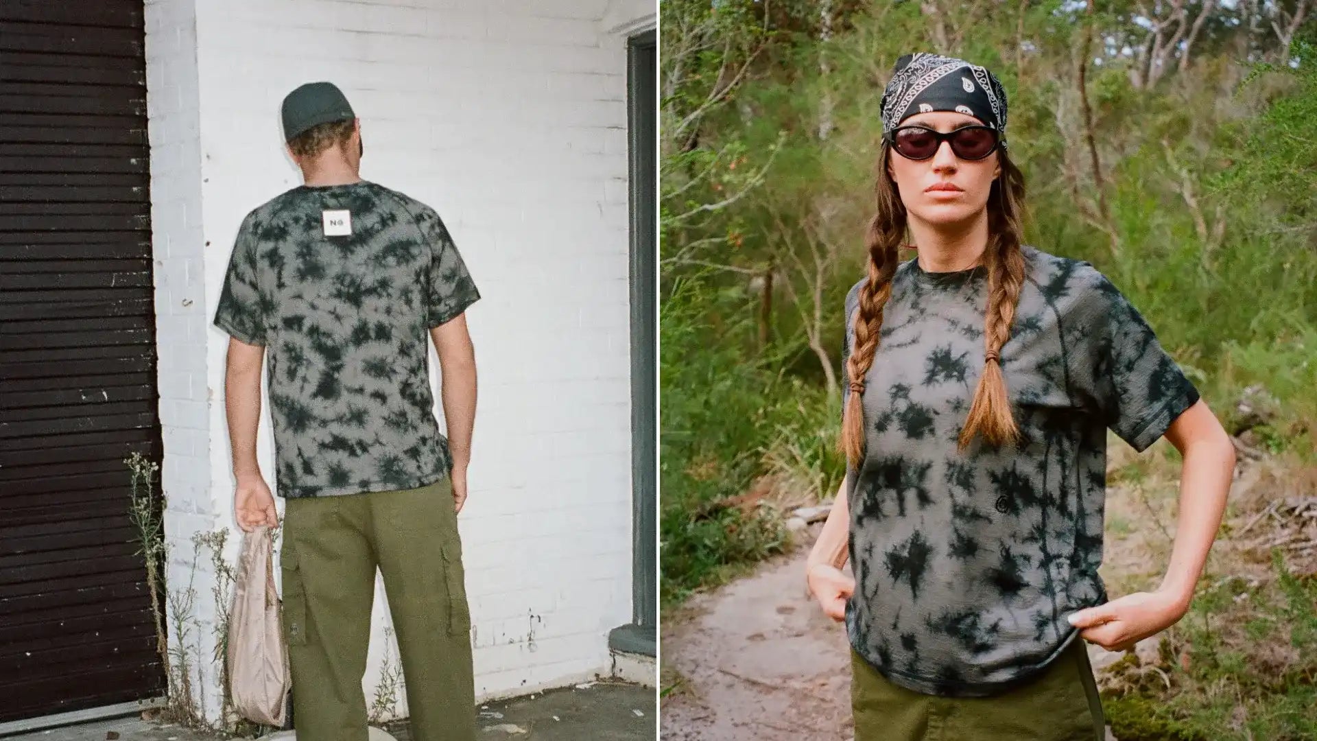 Person wearing a tie dye merino t-shirt outdoors and indoors.