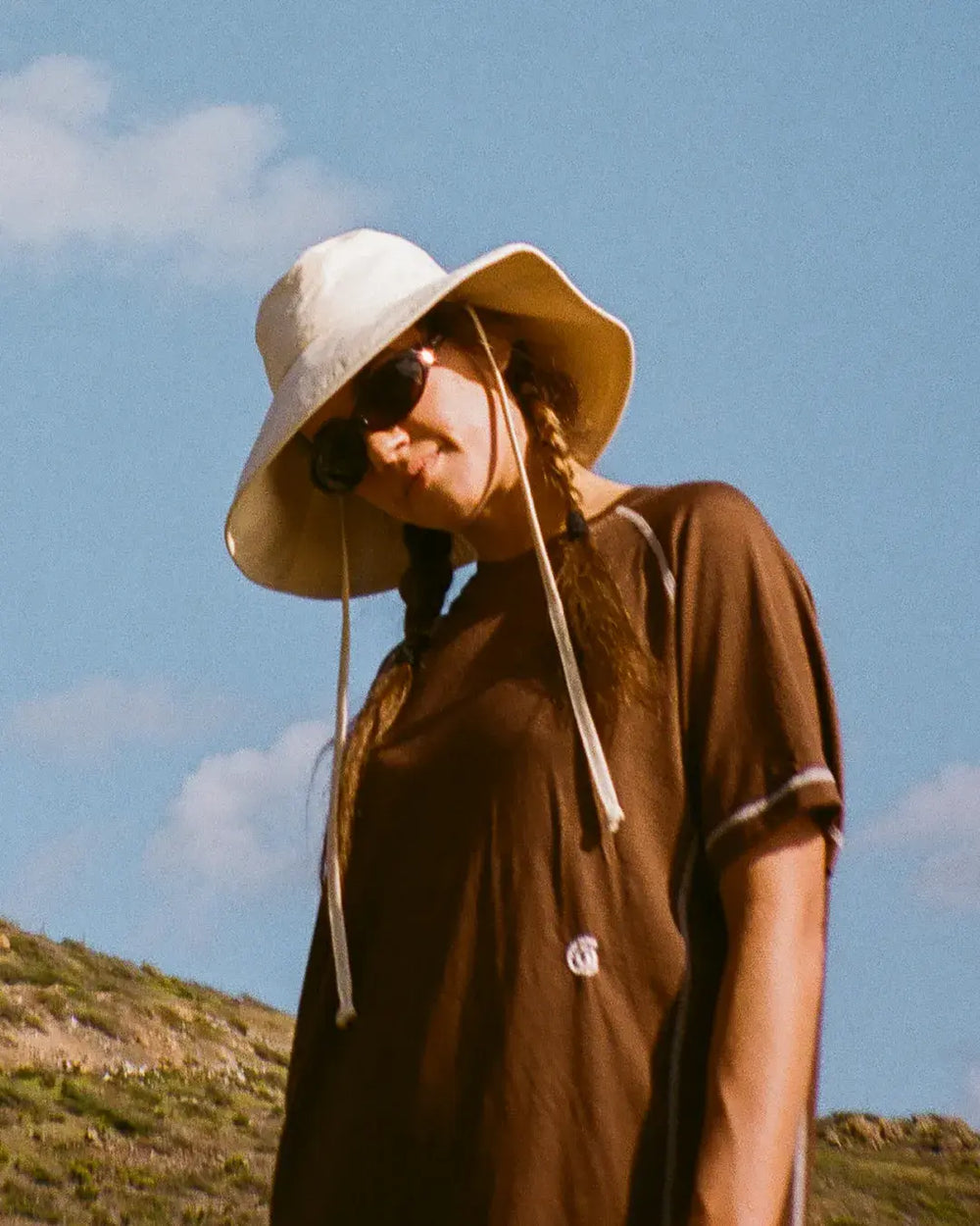 Person wearing a wide-brimmed hat and sunglasses against a blue sky.