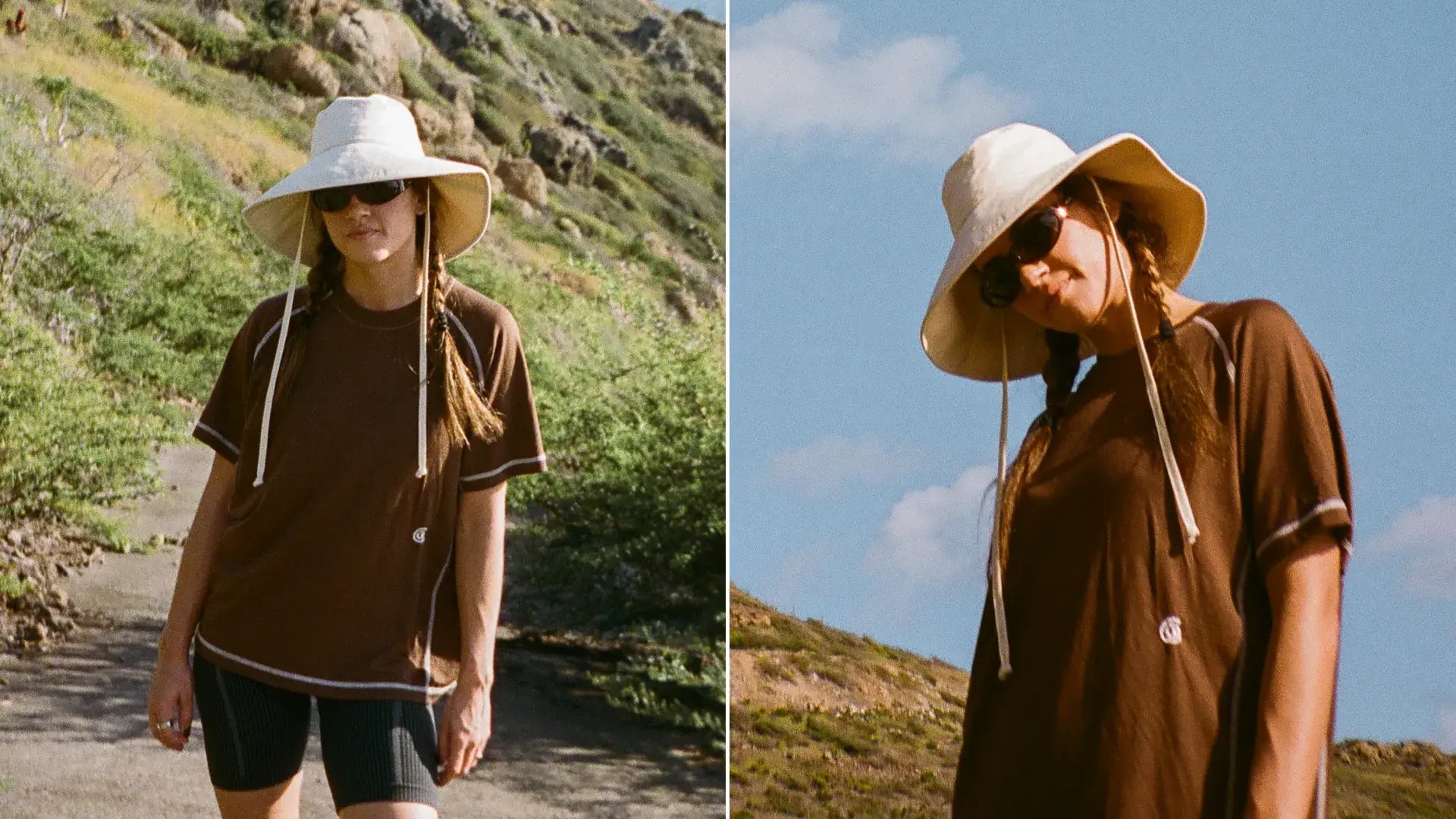Person wearing a brown shirt and white hat in two different outdoor settings.