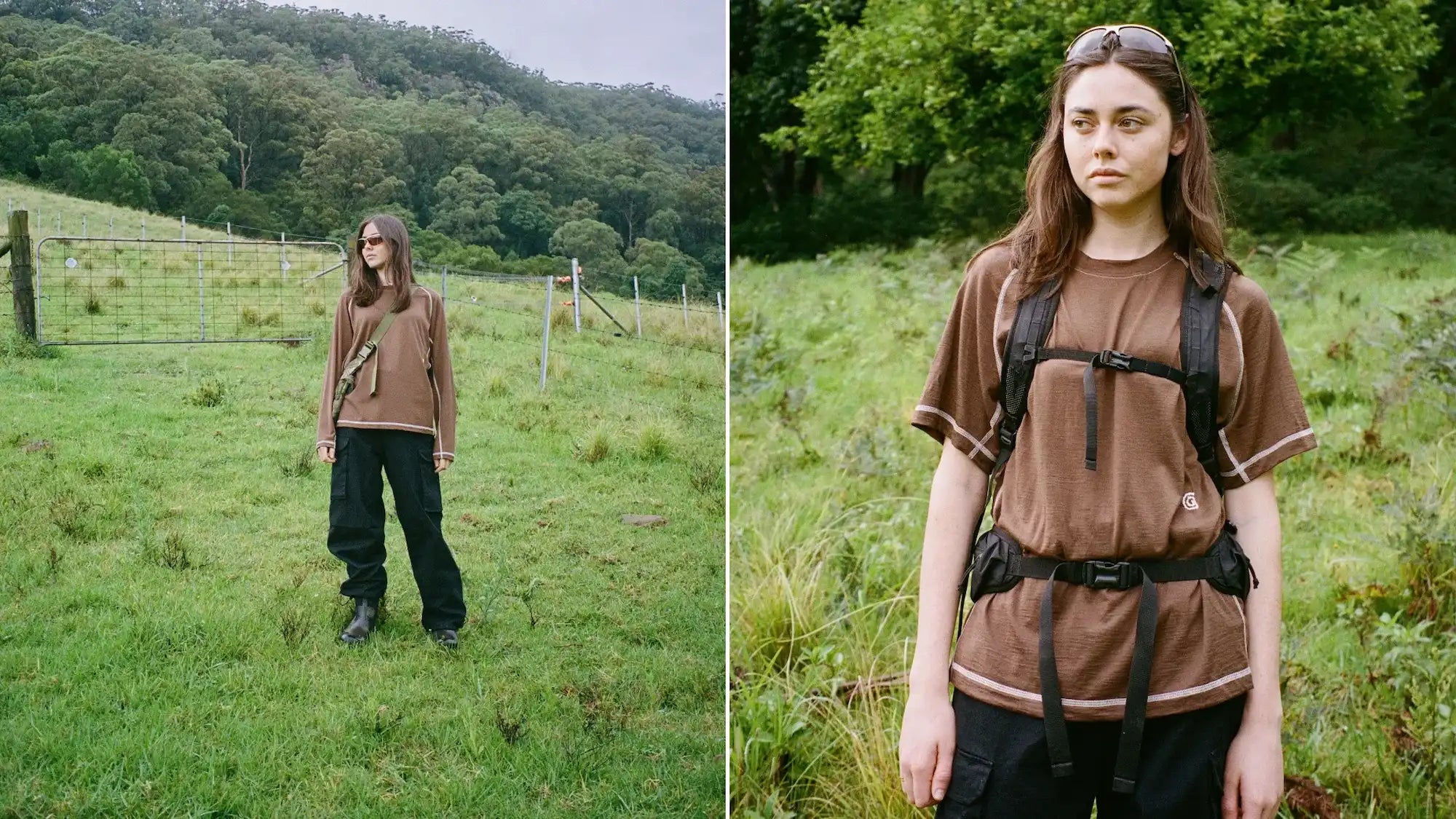 Two images of a person in a brown shirt and black pants standing in a grassy field with trees.