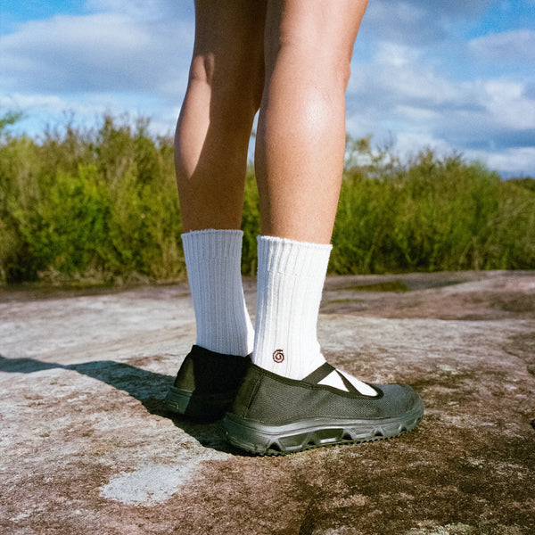 Person wearing white socks and black shoes on a natural background