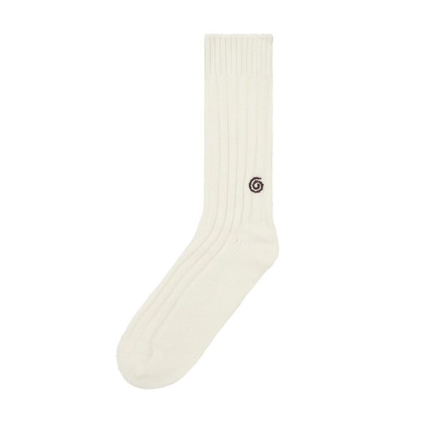 White sock with a black logo on a white background