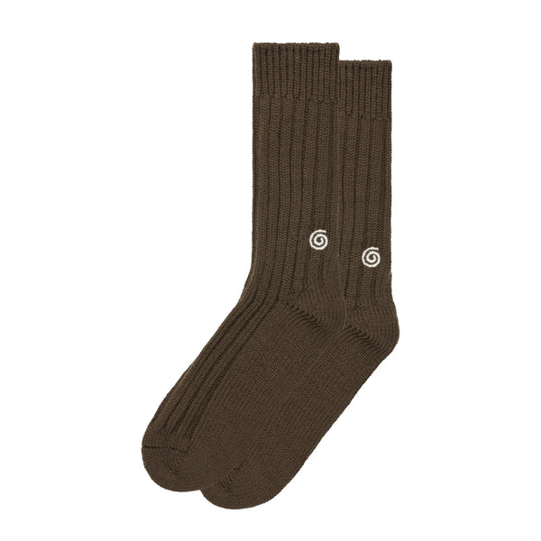Pair of brown socks with a logo on a white background